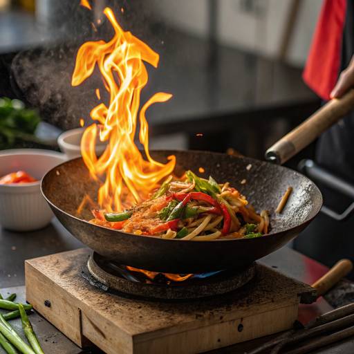 wok sur le feu avec une flamme